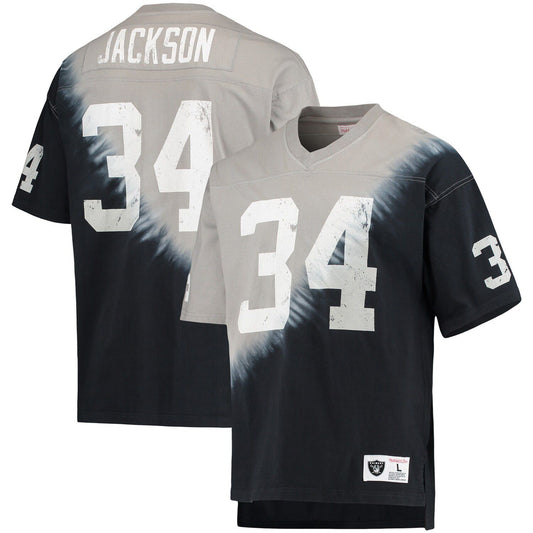 Men's Mitchell & Ness Bo Jackson Black/Silver Las Vegas Raiders Retired Player Name & Number Diagonal Tie-Dye V-Neck T-Shirt