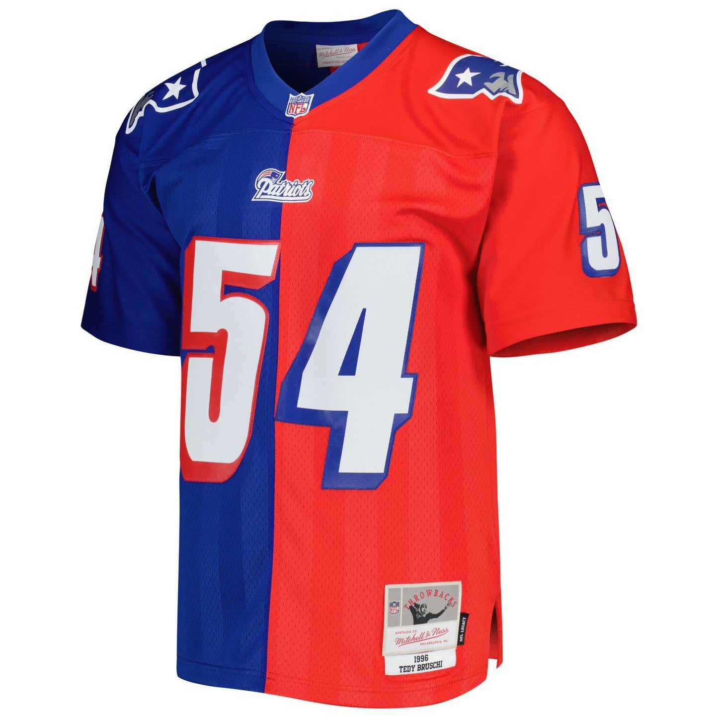 Men's Mitchell & Ness Tedy Bruschi Royal/Red New England Patriots 1996 Split Legacy Replica Jersey