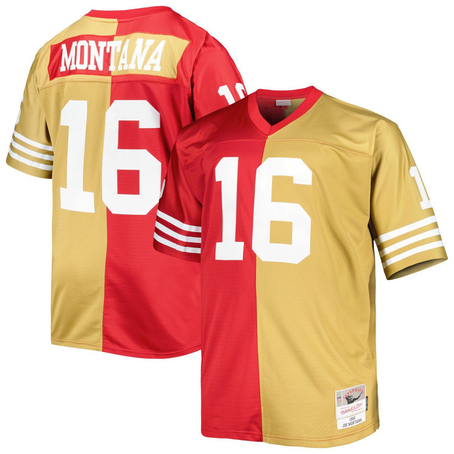 Men's Mitchell & Ness Joe Montana Scarlet/Gold San Francisco 49ers Big & Tall Split Legacy Retired Player Replica Jersey