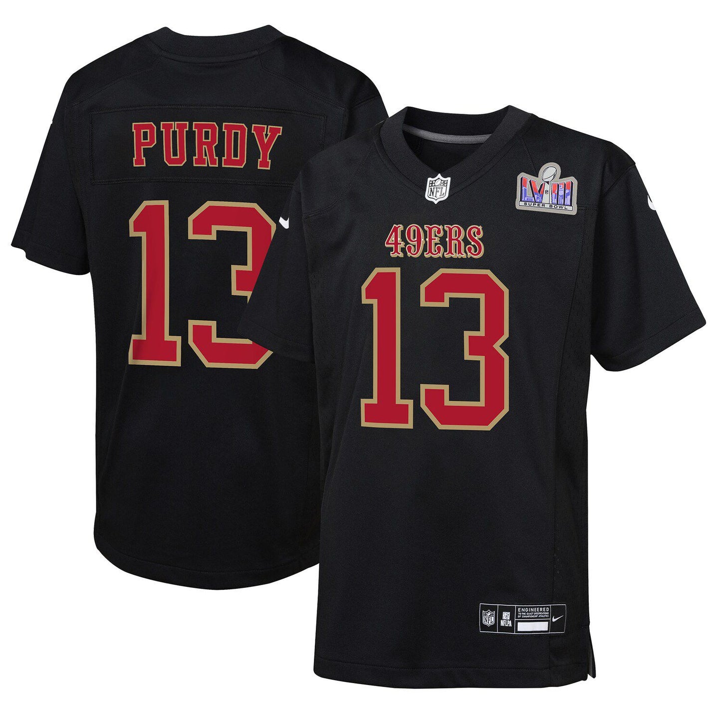 Youth Nike Brock Purdy Black San Francisco 49ers Super Bowl LVIII Patch Carbon Fashion Game Jersey