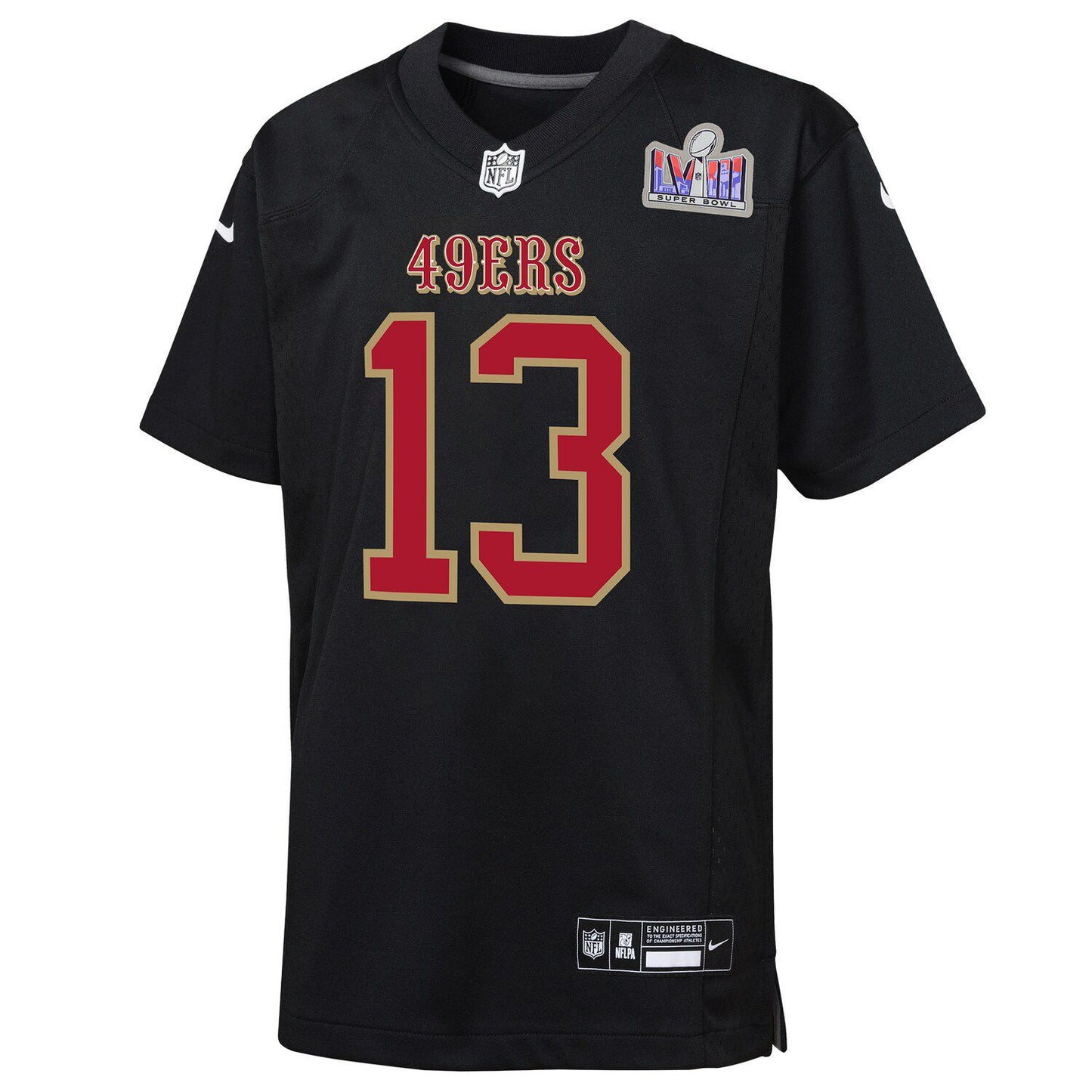 Youth Nike Brock Purdy Black San Francisco 49ers Super Bowl LVIII Patch Carbon Fashion Game Jersey