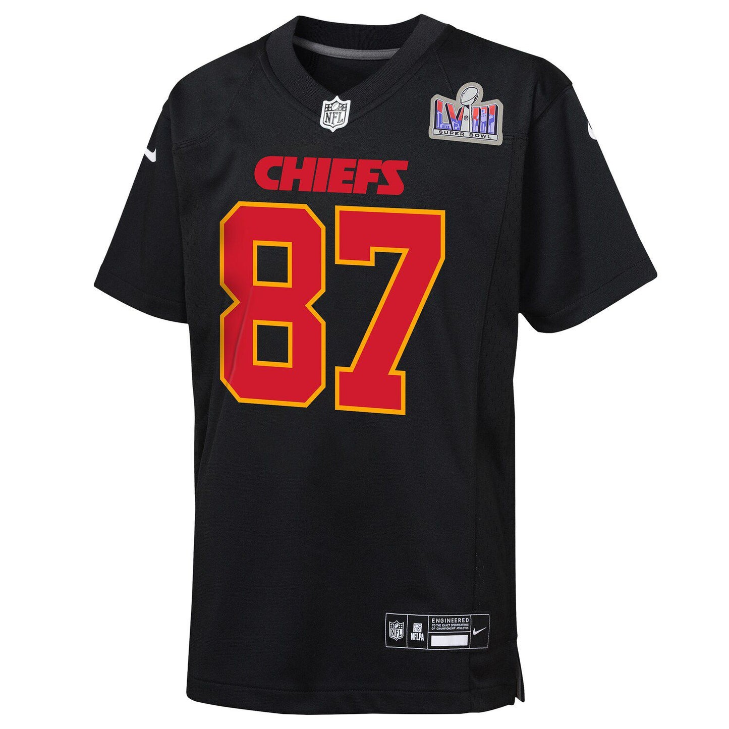 Youth Nike Travis Kelce Black Kansas City Chiefs Super Bowl LVIII Patch Carbon Fashion Game Jersey