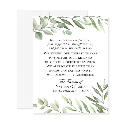 Hello Love Goods Greenery Funeral Thank You Cards, Sympathy Acknowledgement Cards, Bereavement Notes with Envelopes, 4.25x5.5 Flat Notecards