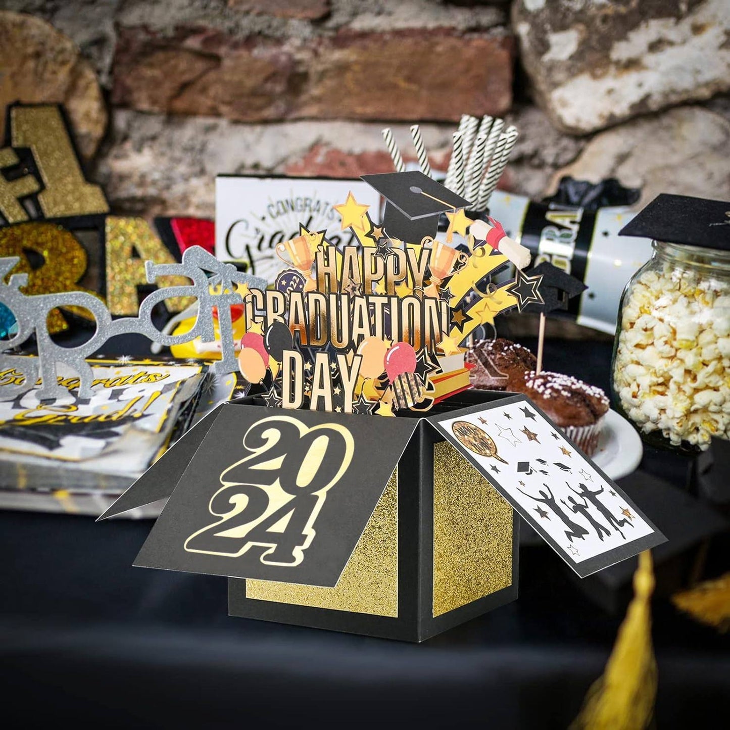 POPGIFTU 2024 Graduation Pop Up Card, Black Gold Pop Up Congrats Grad 2024 Greeting Card with Envelope, Congratulations Graduation Gifts for 2024