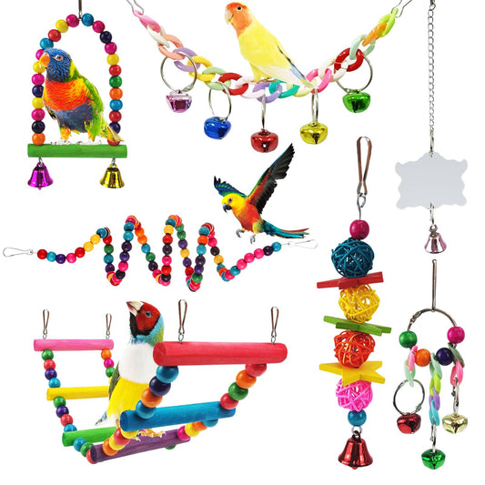 Xloey Parakeet Toys,7 Pcs Colorful Bird Toys for Parakeets,Pet Bird Cage Hammock Swing Climbing Ladders Chewing Toy Mirror Hanging Bell Wooden Perch